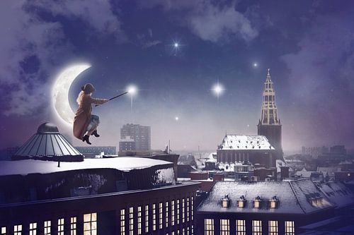 Magische Droom van een Vliegende Stad: Sterren Schilderen onder de Maan