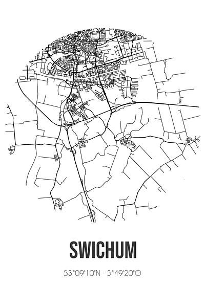 Swichum (Fryslan) | Karte | Schwarz und Weiß von Ortsdrucke