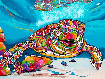 Kleurrijke zeeschildpad in de onderwater wereld van Happy Paintings