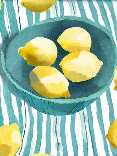 Lemons in a bowl on a striped tablecloth