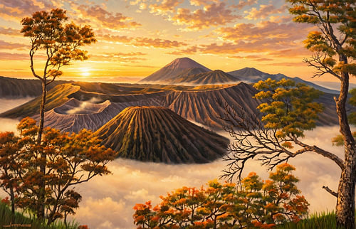 : Goldener Sonnenaufgang über dem Bromo und dem Wolkenmeer