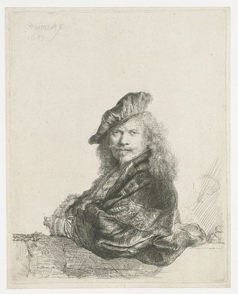 Self-portrait with the forearm leaning on a stone sill, Rembrandt van Rijn. by Ed z'n Schets