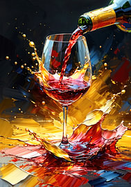Weinglas zwischen flüssigem Gold und rubinroten Spritzern von AidasignArt