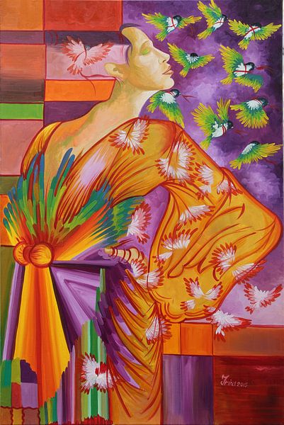 Geisha met vogels van Irina Corduban