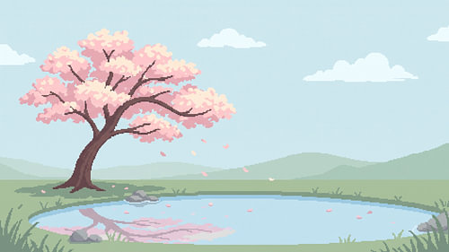 Pixel-Art-Kirschbaum an einem ruhigen Frühlingsteich