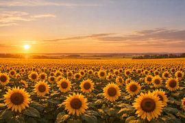 Coucher de soleil sur un champ de tournesols à perte de vue