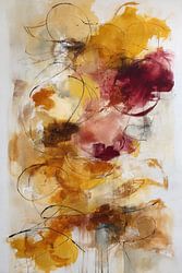 Une composition abstraite aux tons chauds d'ocre et de bordeaux, ponctuée de lignes