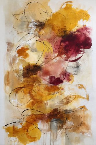 Une composition abstraite aux tons chauds d'ocre et de bordeaux, ponctuée de lignes sur Joriali Art abstrait