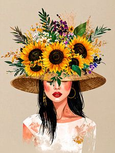 Sommerporträt einer Frau mit Sonnenblumen und Strohhut