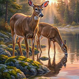 Deer by the lake at sunset by Max Steinwald