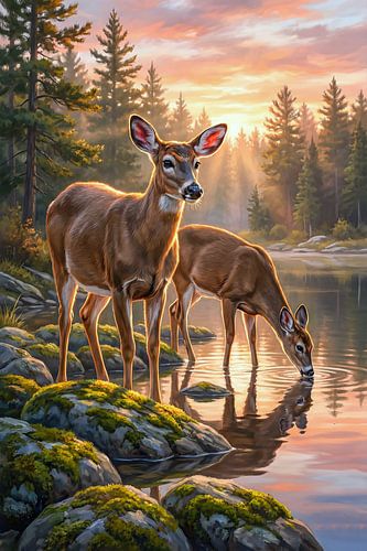 Deer by the lake at sunset