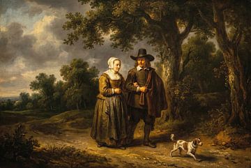 Peinture d'un couple se promenant avec un chien dans un paysage sur Markus Gann