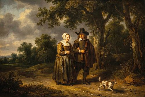 Painting of Couple Walking with Dog in Landscape