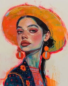 Señorita portret met oranje hoed van Digatelier
