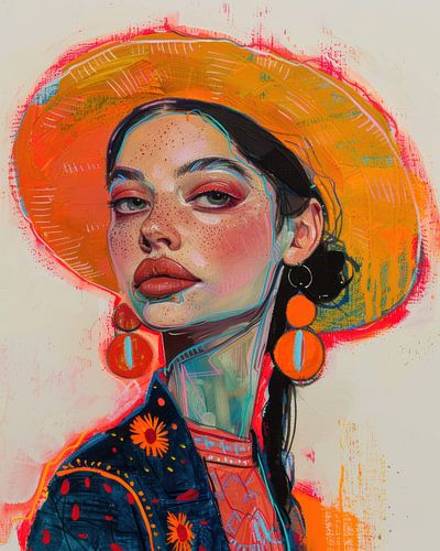 Señorita portret met oranje hoed van Digatelier