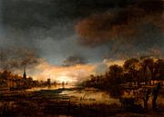 Paysage fluvial au coucher du soleil, Aert van der Neer par Des maîtres magistraux Aperçu