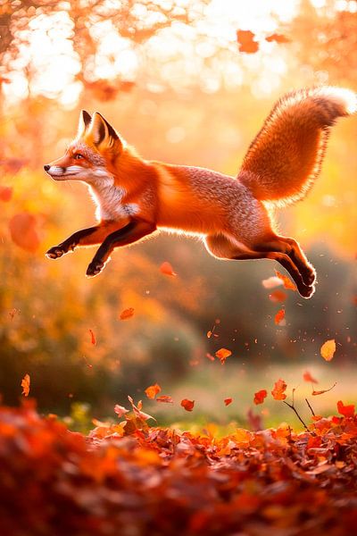 Le renard bondit à travers les feuilles d'automne par Poster Art Shop