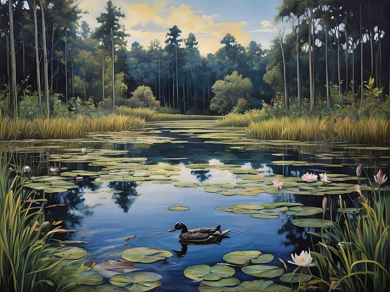 Rustic Water Oasis with Duck by Retrotimes