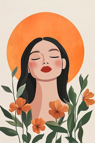 Vrouw met bloemen en zon ombre - Gekleurd