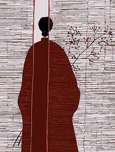 Minimalistische asiatische Wandkunst - Moderne japanisch inspirierte Silhouette mit roten Beeren