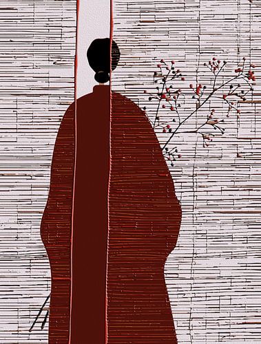 Minimalistische Aziatische Muurkunst - Modern Japans Geïnspireerd Silhouet met Rode Bessen