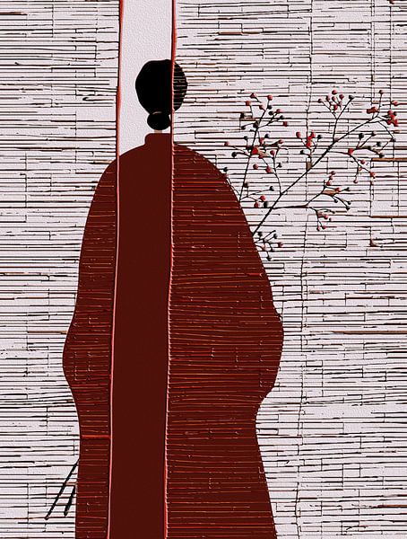 Minimalistische asiatische Wandkunst - Moderne japanisch inspirierte Silhouette mit roten Beeren von Ramy Salah Hefny
