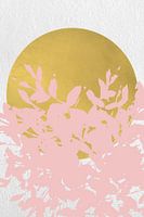 Japandi. Abstract botanical twigs in pastel pink with golden sun on white