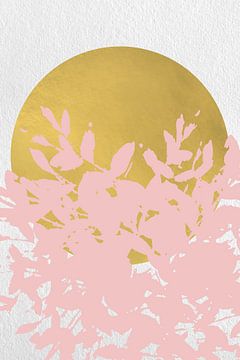 Japandi. Abstracte botanische twijgen in pastelroze met gouden zon op wit van Dina Dankers