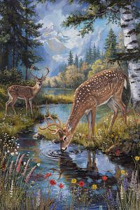 Berglandschaft mit Rehen am Bach