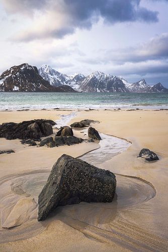 Captivating Views of Haukland Beach in Lofoten, Norway on a Sere