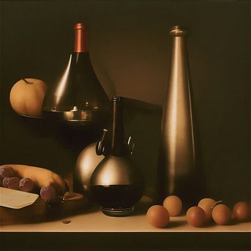 Surrealist still life with wine, fruit and cheese in front of a dark background