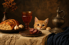 Stillleben eines alten Meisters mit Katze und Salami von Peter Pen Zeichnungen und Gemälde