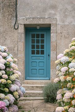 Hortensia's en turquoise deur in Bretagne | Foto art print | Frankrijk reisfotografie van HelloHappylife