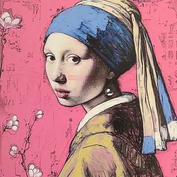 Chalk drawing Girl with a pearl earring and spring blossom by Vlindertuin Art