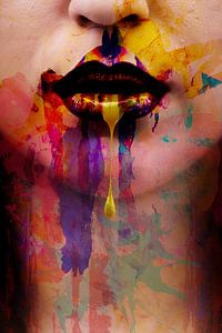 Digitale Kunst - Porträt der Frau mit rotem Lippenstift / Lippen / Mund / Farbe / Rot / Gelb / Lila  von Art By Dominic
