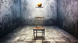 Drijvende sinaasappel op een bord in een lege kamer