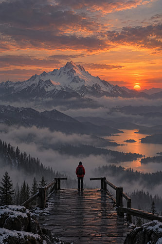 Holzsteg vor dem Schneegipfel im Abendrot