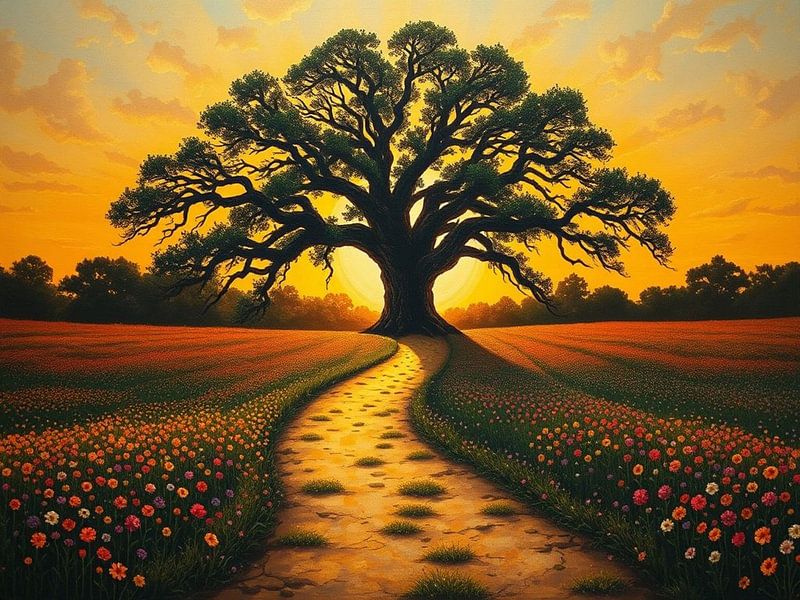 Chêne majestueux du crépuscule : Un chemin sinueux à travers un champ de rêves par Artistic