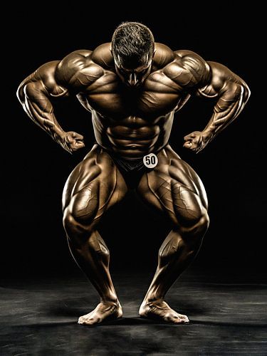 Mannelijke bodybuilder die met getal 50 tegen zwarte achtergrond poseert