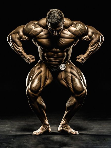 Männlicher Bodybuilder posiert mit Nummer 50 vor schwarzem Hintergrund von Markus Gann