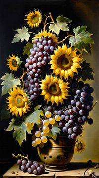 Verfremdetes Stillleben Sonnenblumen und Weintrauben von Maud De Vries