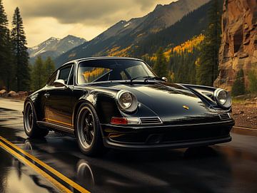 Zwarte Porsche in berglandschap_3 van Bianca Bakkenist