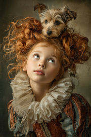 Girl with a Dog – A Playful Portrait in Rust and Green by Peter Pen Drawings and Paintings