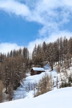 Hütte auf einem schneebedeckten Berg. von Floyd Angenent