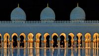 Sheikh Zayed Grote Moskee, Abu Dhabi Verenigde Arabische Emiraten bij nacht met weerspiegeling in wa