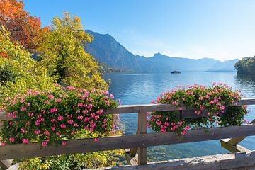 Traunsee, houten loopbrug met bloemen, Gmunden van SusaZoom