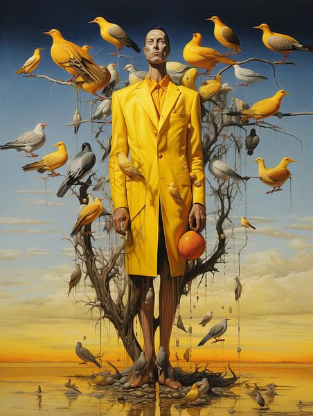 Surréalisme Homme chapeau manteau jaune arbre oiseaux île par gm_designs