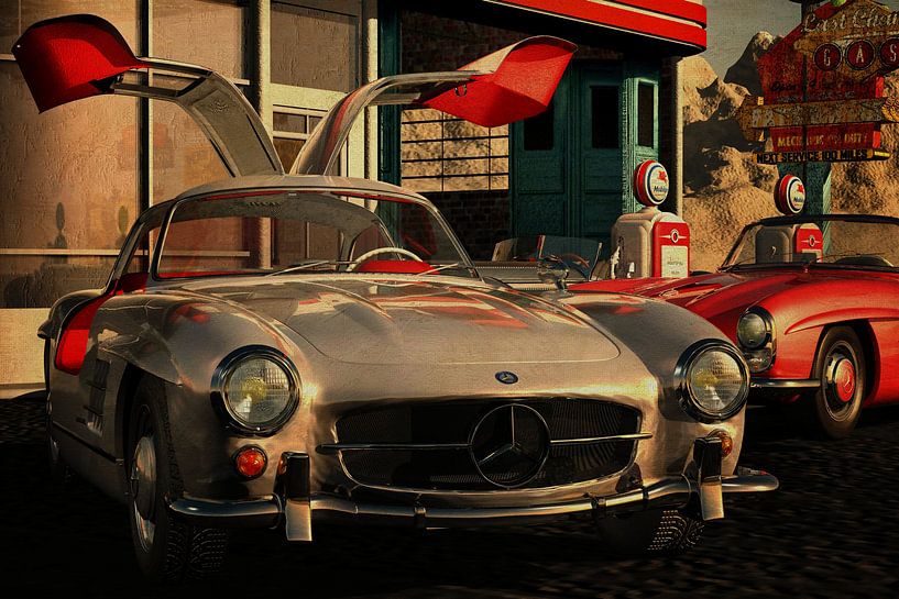 Mercedes 300SL avec des ailes de mouette ouvertes dans une station-service d'époque par Jan Keteleer