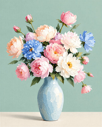 Stilleven; Romantisch boeket van pioenrozen met impasto textuur in blauwe vaas