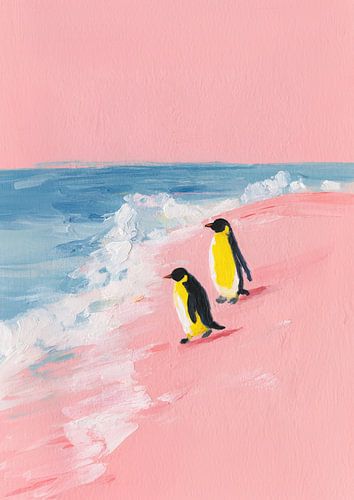 Minimalist penguins on a pink beach